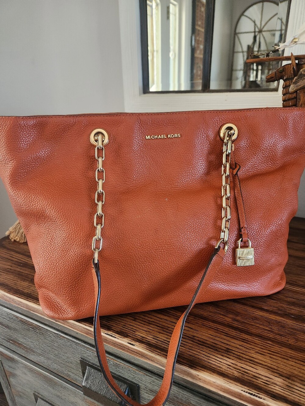 Michael Kors Medium Burnt Orange Leather Tote with Gold Chain Accents